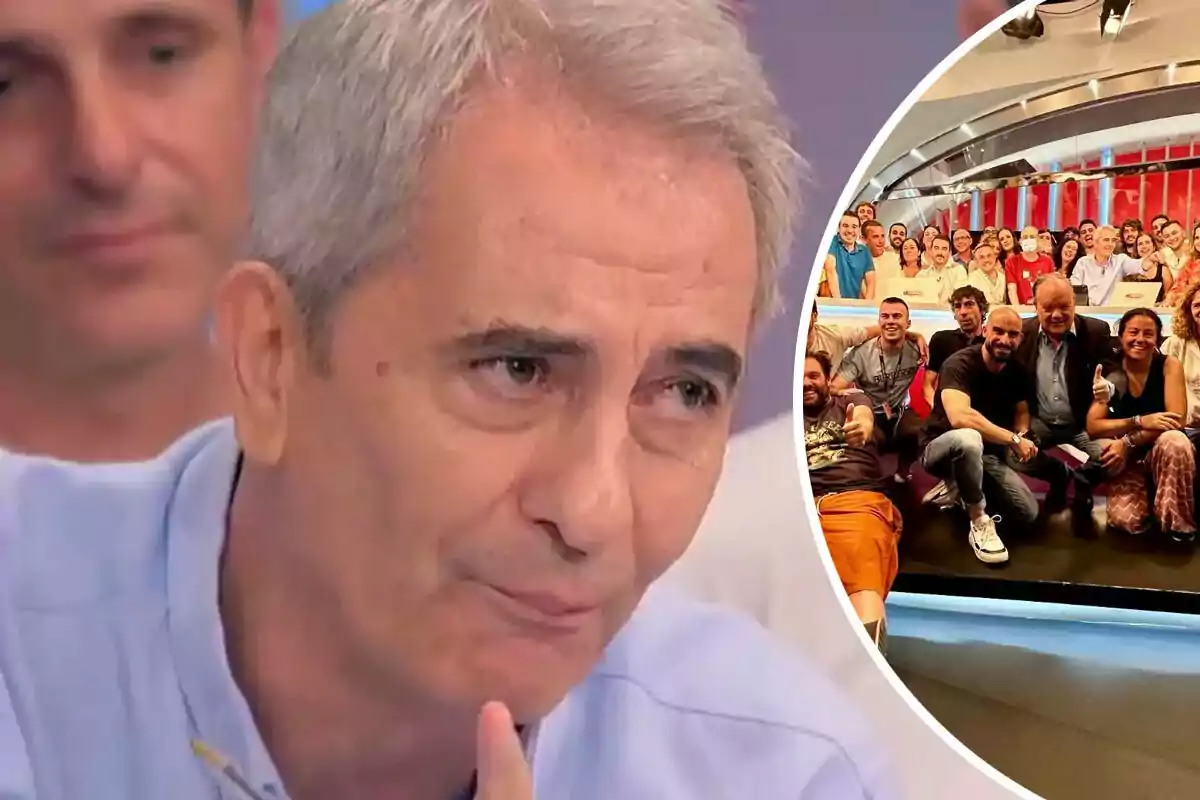 Manolo Lama aparece en primer plano con una expresión triste, mientras que en un recuadro a la derecha se muestra un grupo de personas posando para una foto en el estudio de 'El Golazo'.