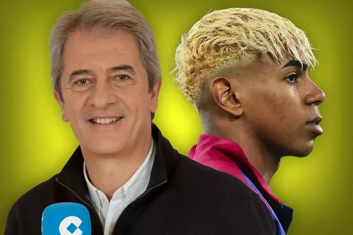 Un hombre mayor sonriente con un micrófono azul y un joven de perfil con cabello rubio y chaqueta deportiva sobre un fondo amarillo.