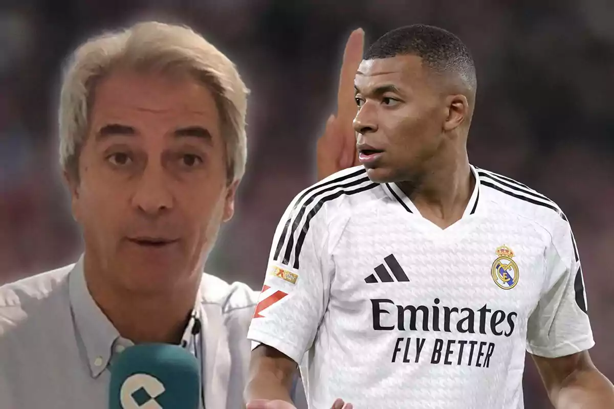 Manolo Lama in a light jersey and microphone next to Mbappé in a white Real Madrid uniform.