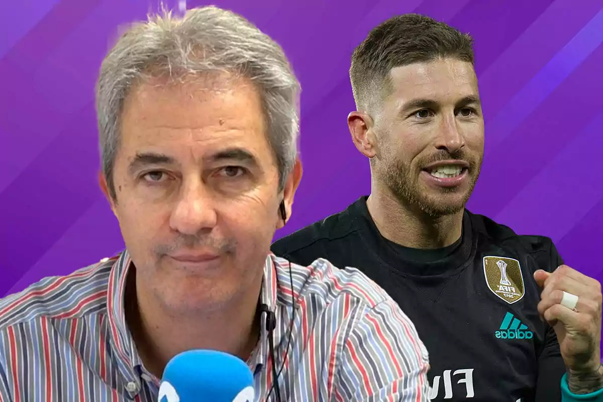 Two men in a montage with a purple background, one with a striped jersey and microphone, the other with a black sports jersey.