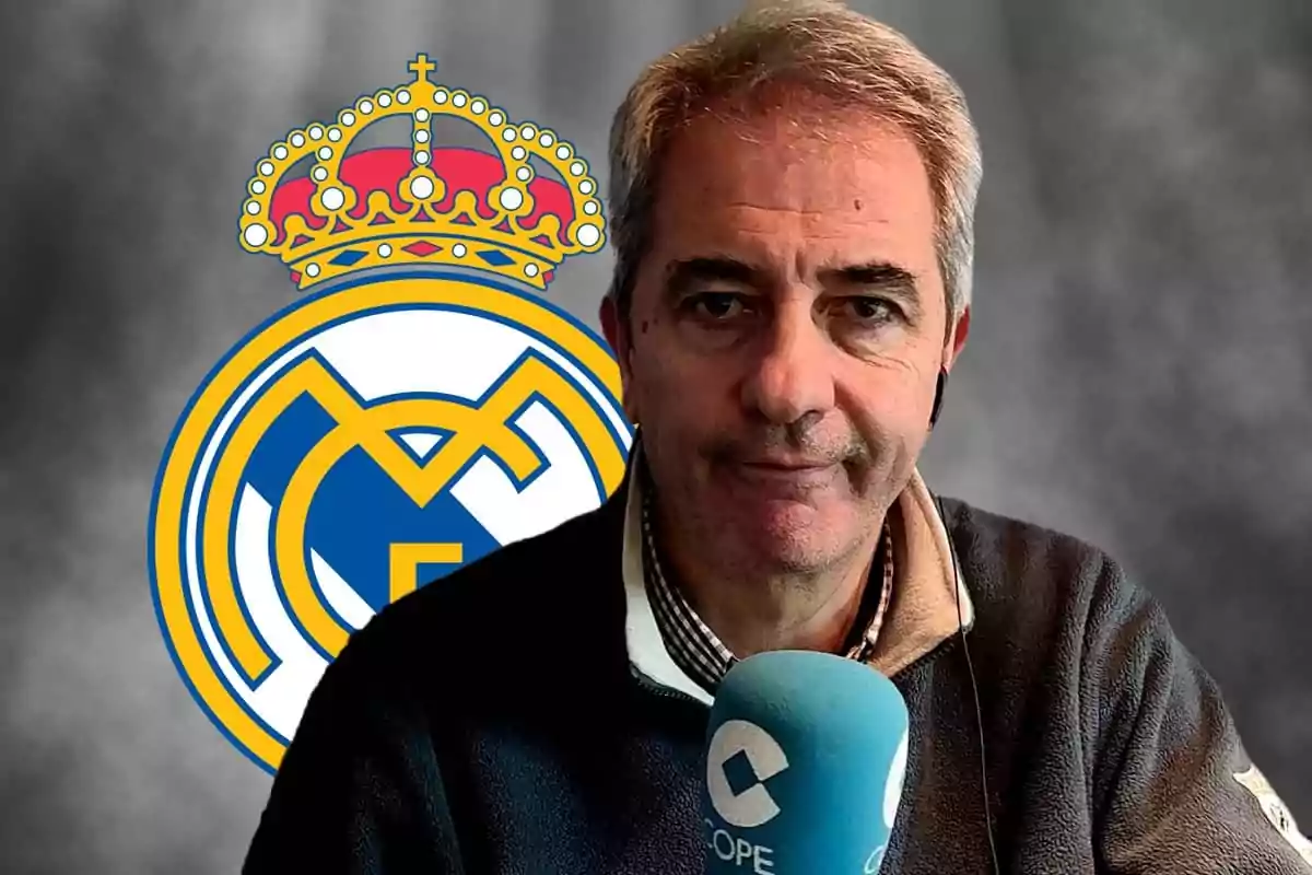 Manolo Lama with a COPE microphone in front of the Real Madrid logo.