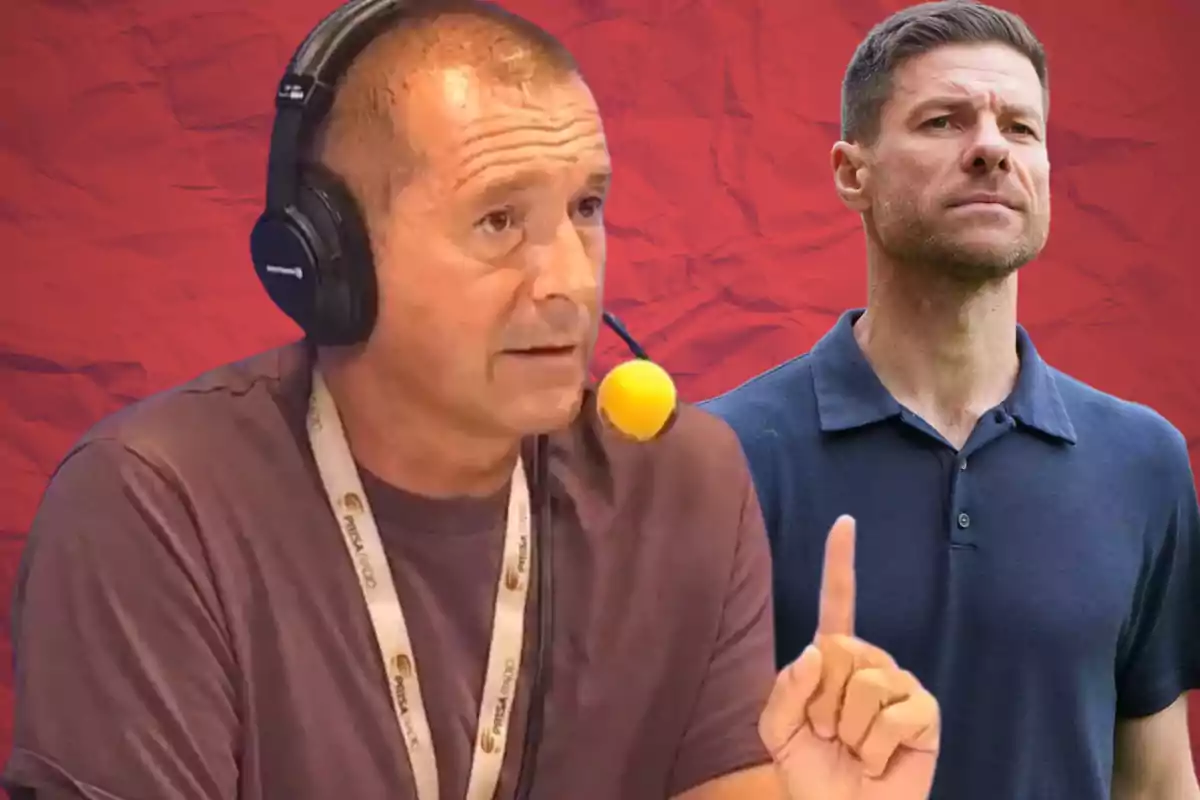 A man with headphones and a microphone speaking while pointing with his finger, in the background another person standing wearing a blue jersey against a red background.