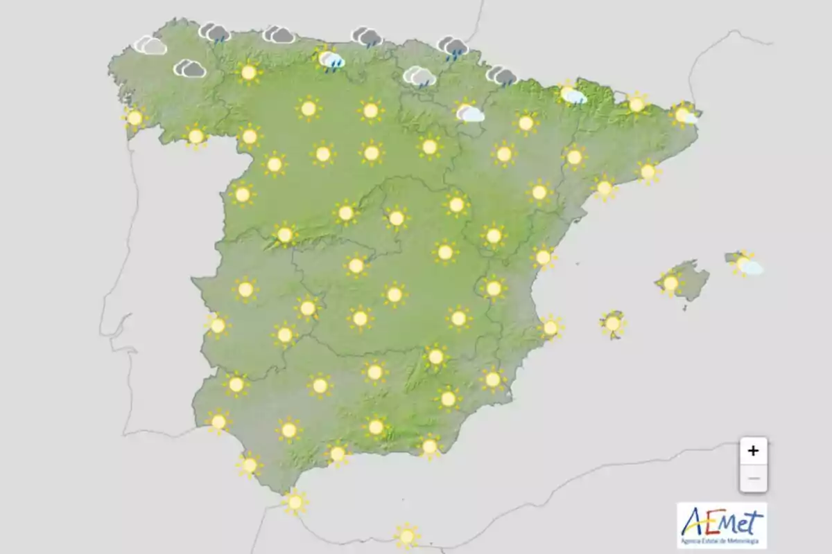 Mapa del tiempo en España con predominio de sol en la mayor parte del territorio y algunas nubes y lluvias en el norte.