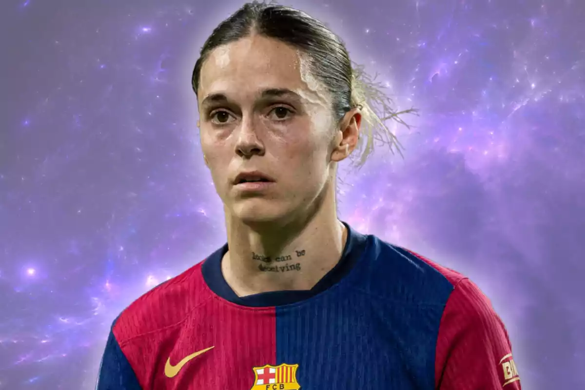 A person wearing a Barcelona soccer jersey in front of a cosmic background.