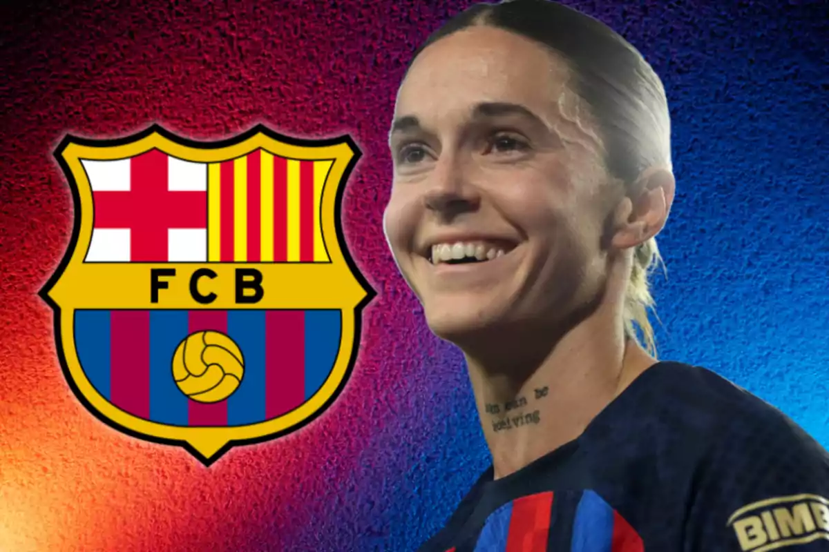 Una persona sonriente con el escudo del FC Barcelona al lado sobre un fondo colorido.