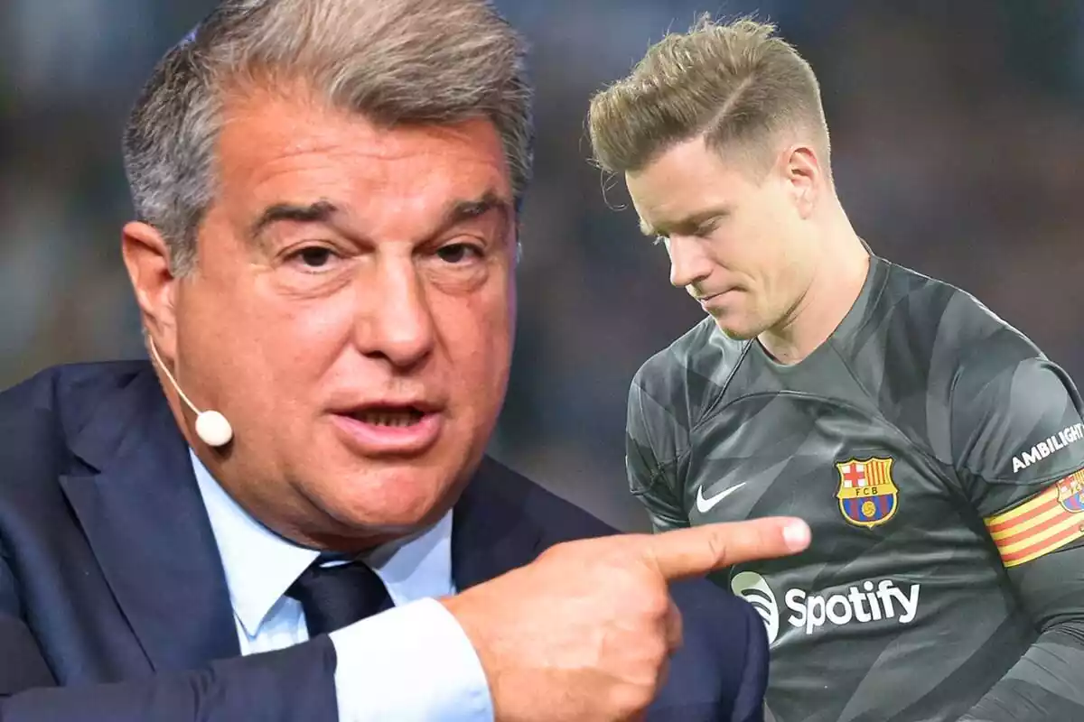 El presidente del Barça, Joan Laporta, en primer plano junto a una foto de Marc-André ter Stegen, portero del FC Barcelona y capitán del primer equipo.