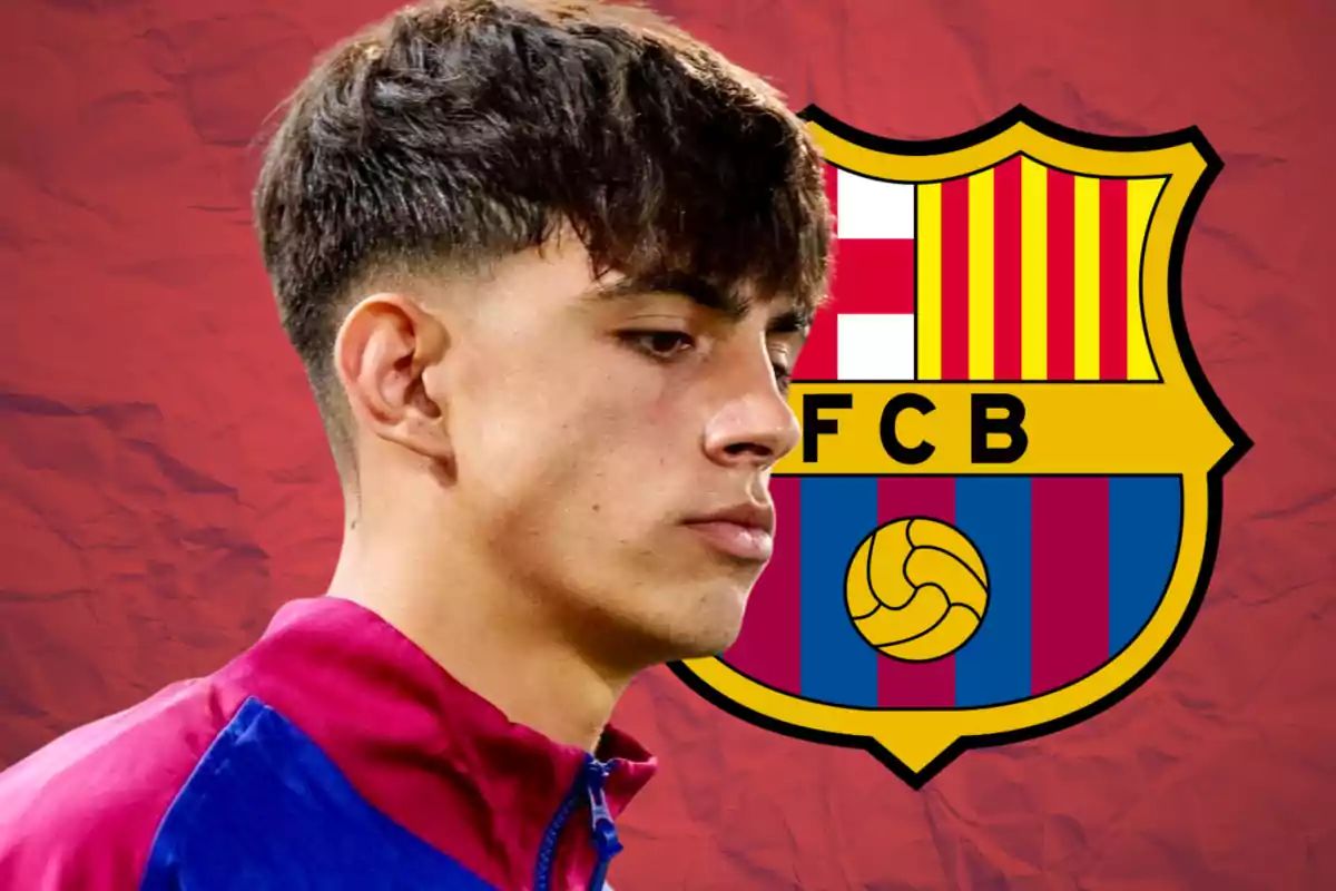 Young player with a blue and red jacket in front of the FC Barcelona crest against a red background