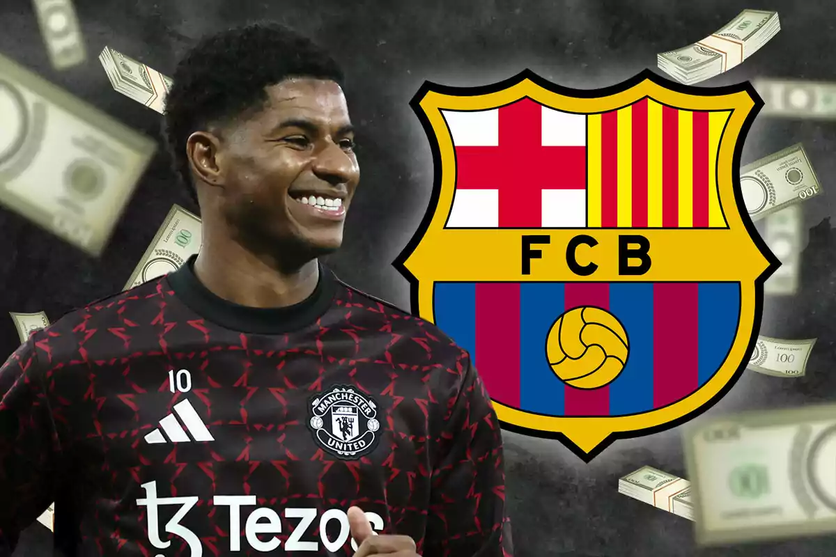 A smiling football player with the FC Barcelona crest and banknotes in the background.