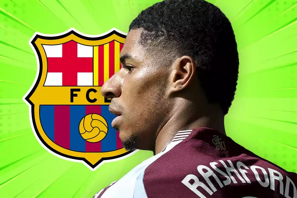 Soccer player wearing a jersey that says Rashford, in profile in front of the FC Barcelona crest against a striking green background