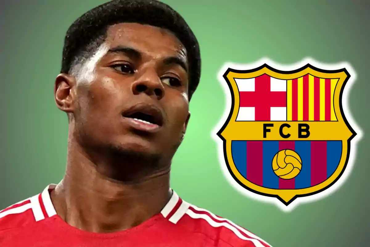 A soccer player in a red jersey appears next to the FC Barcelona crest on a green background.