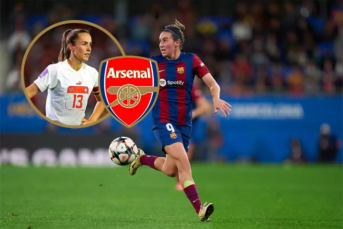 Mariona controla el balón, a su lado Lia Wälti, del Arsenal