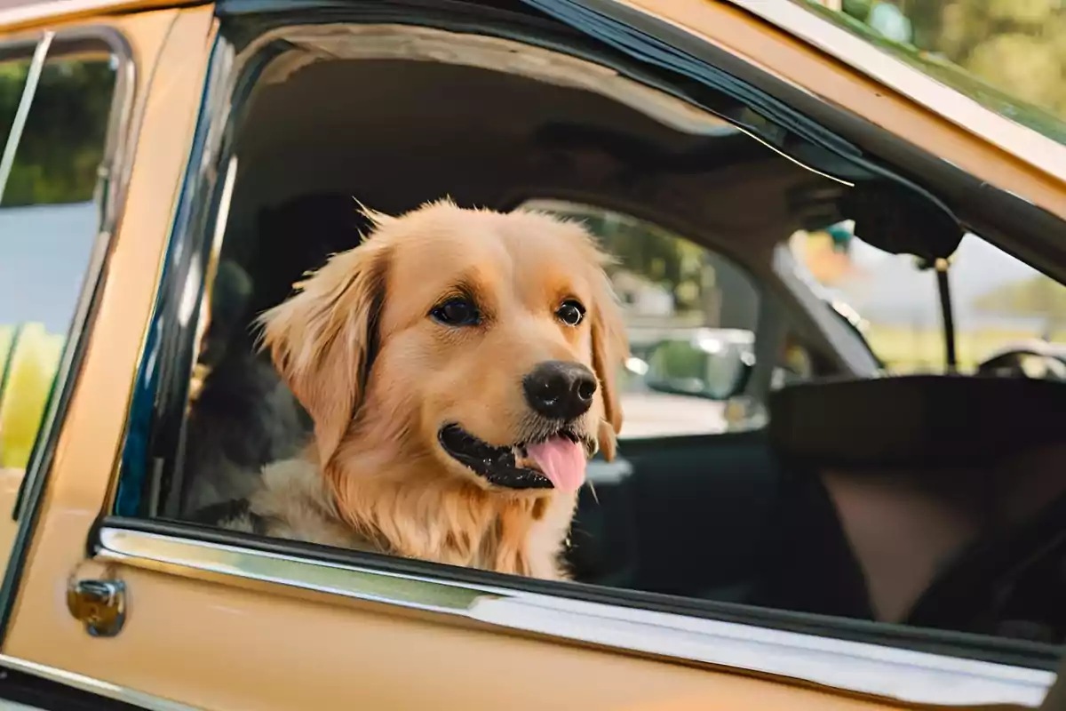 Un perro asomando la cabeza por la ventana de un coche.