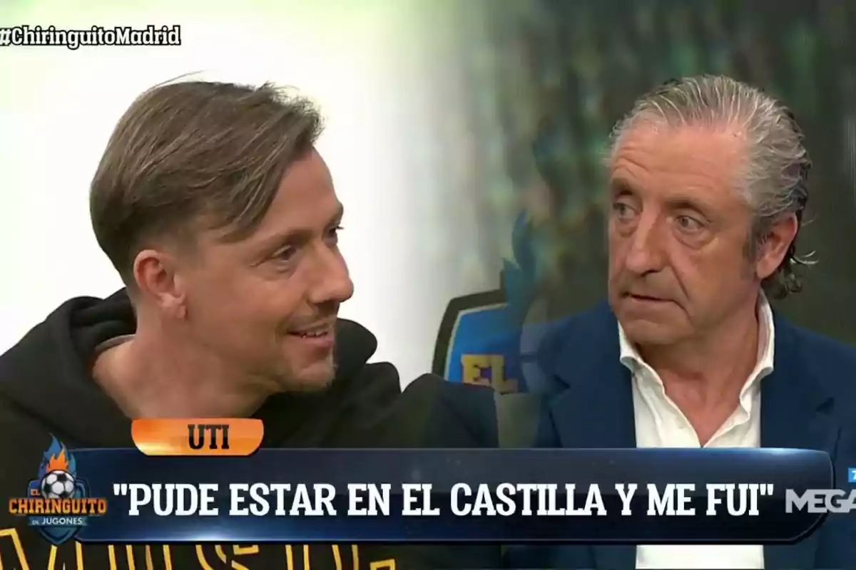 Two people are talking on a television show called "El Chiringuito de Jugones" with a text on the screen that says "I could have been at Castilla and I left."