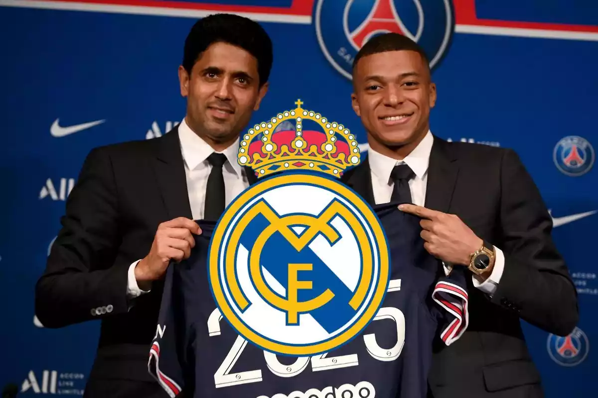 Al-Khelaifi y Mbappé posan con la camiseta del PSG, encima el escudo del Real Madrid