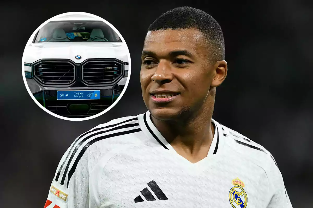 Kylian Mbappé con una camiseta blanca y negra del Real Madrid, con una imagen insertada de un automóvil BMW en la parte superior izquierda.