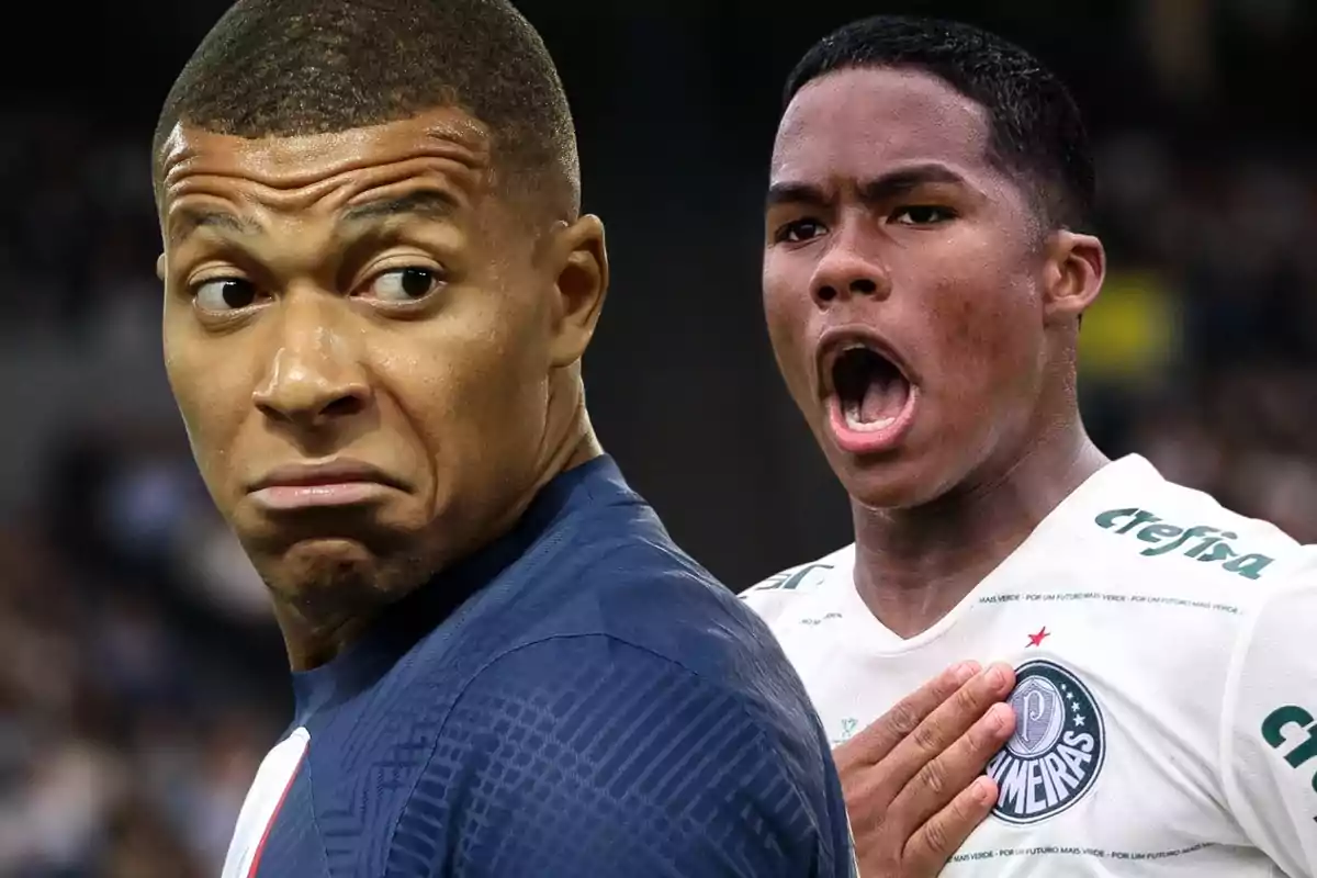 Kylian Mbappé mirando hacia atrás con cara de sorpresa y Endrick mirando al frente mientras se toca el escudo del Palmeiras