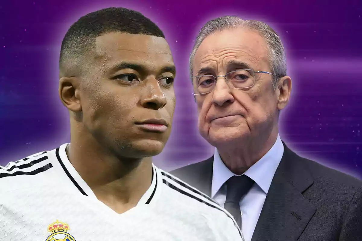 Dos hombres, Mbappé con camiseta del Real Madrid y Florentino Pérez con traje, sobre un fondo púrpura.