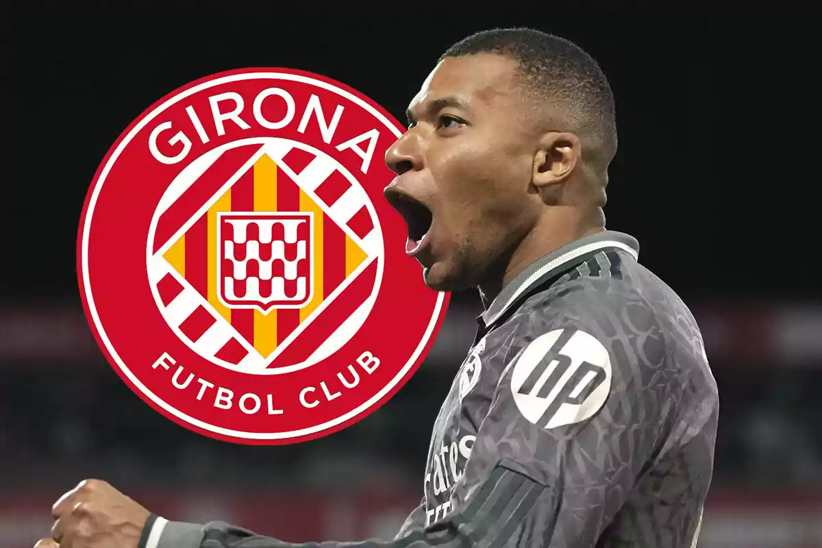 Mbappé celebrando con el escudo del Girona FC al fondo.