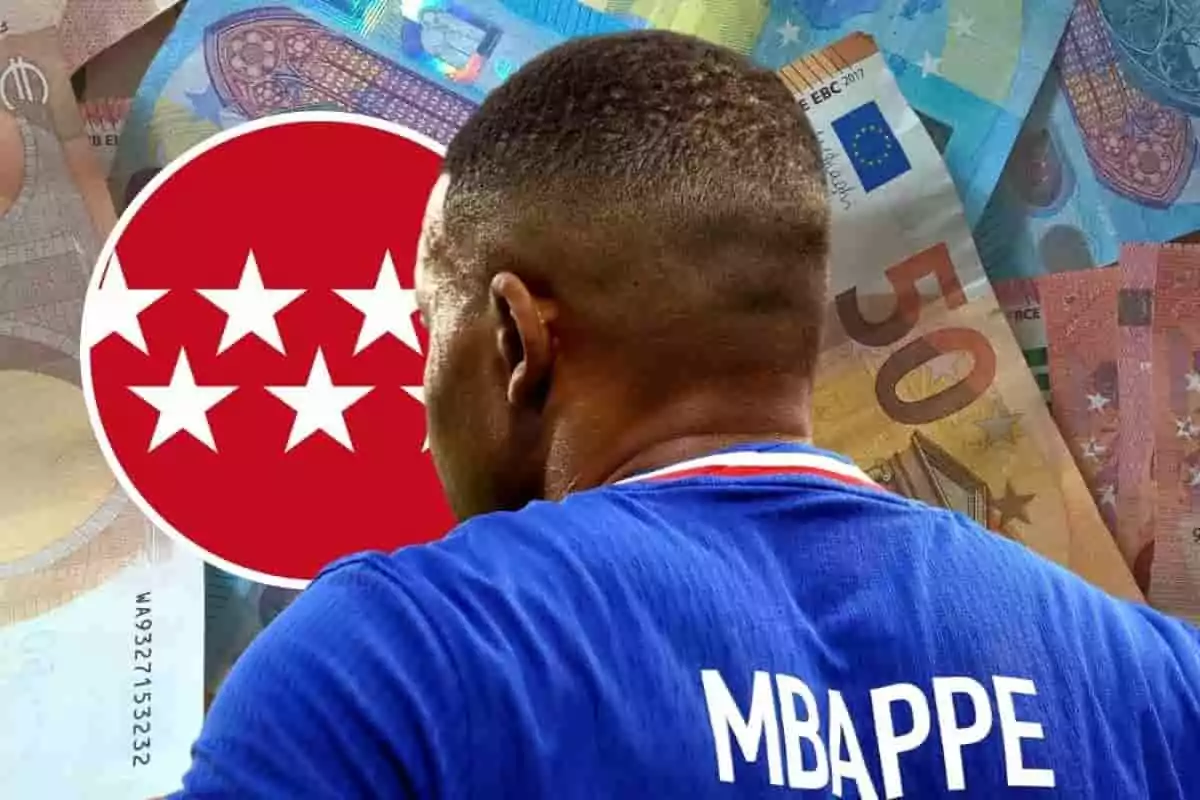 Mbappé con billetes detrás y la bandera de la Comunidad de Madrid