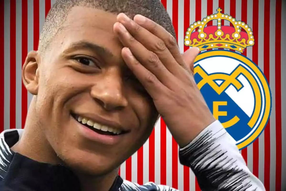 Kylian Mbappé se lleva la mano a la cabeza con un escudo del Real Madrid y líneas rojas y blancas al fondo