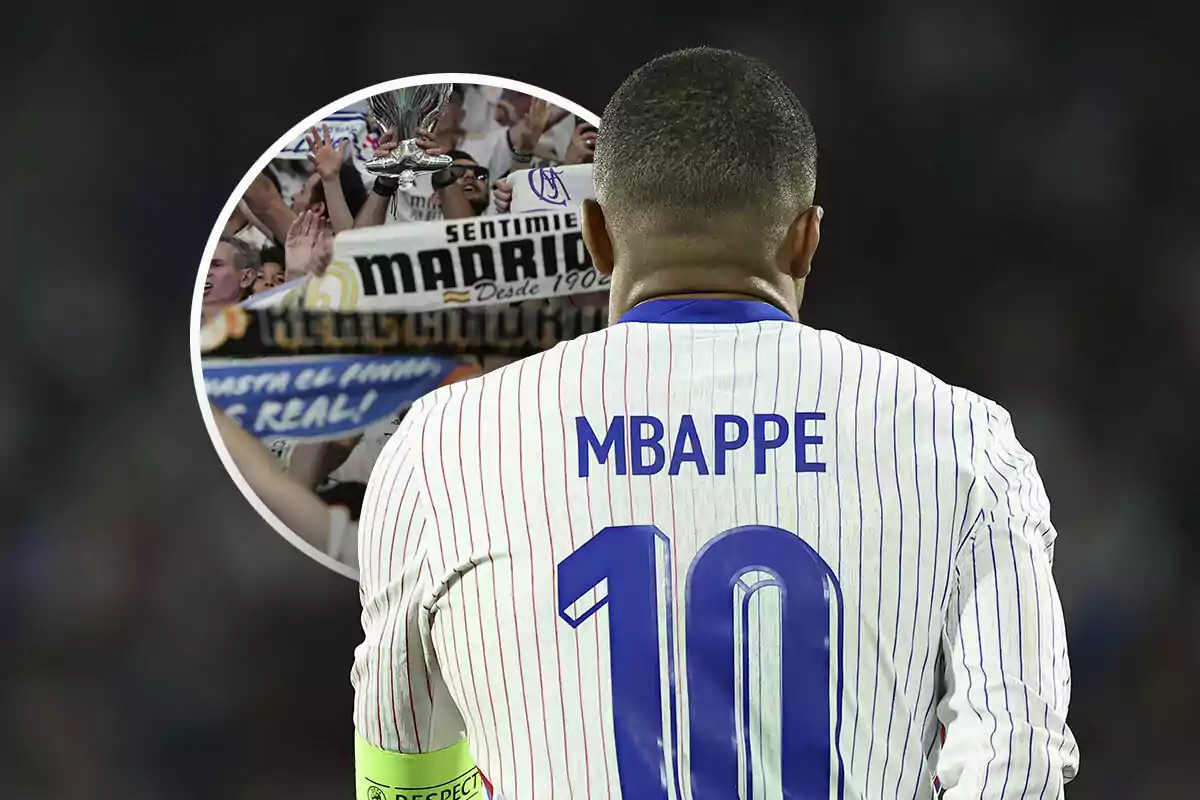 Mbappé de espaldas, delante aficionados en el Santiago Bernabéu