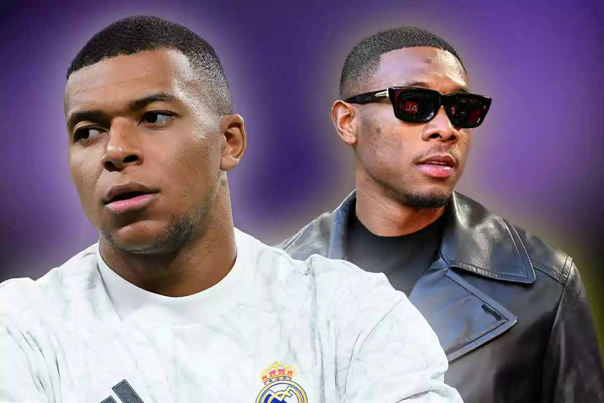 Dos hombres, Mbappé con una camiseta de fútbol del Real Madrid y David Alaba con una chaqueta de cuero y gafas de sol, posan frente a un fondo púrpura.