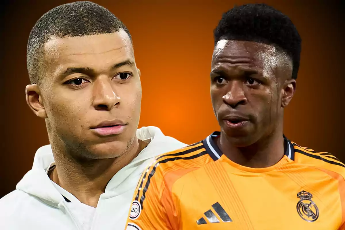 Two players with serious expressions on an orange background.