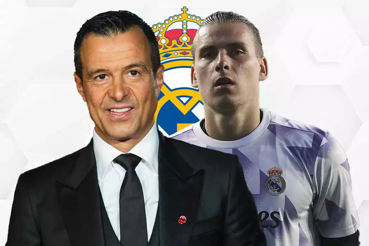 Jorge Mendes y Lunin posando frente al escudo del Real Madrid.