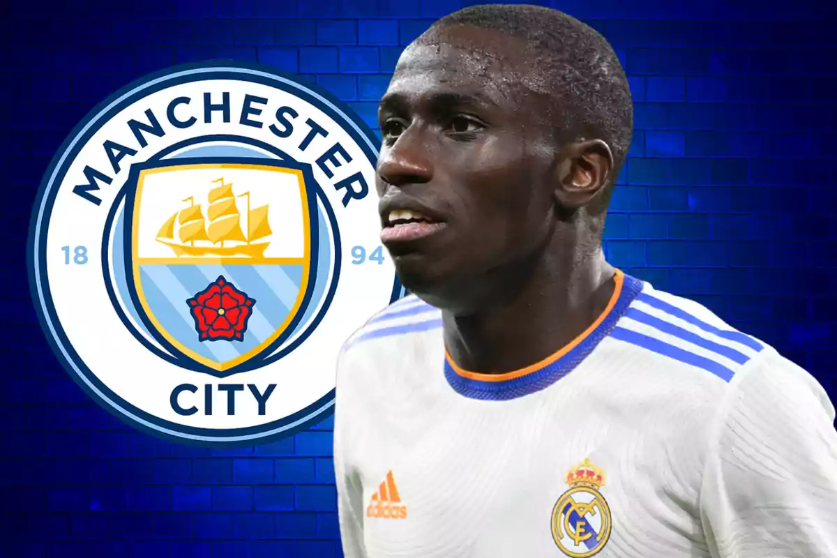 Soccer player with a Real Madrid jersey in front of the Manchester City logo on a blue background.