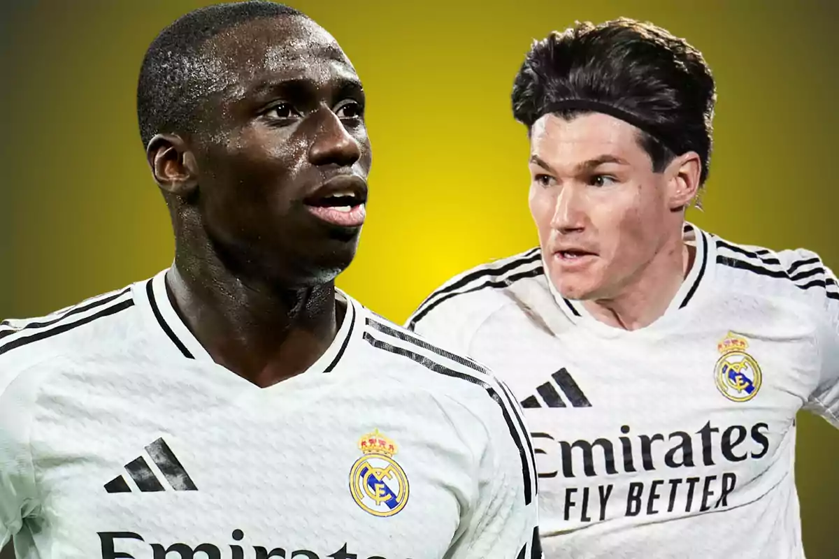 Jugadores de fútbol del Real Madrid con uniforme blanco y fondo amarillo.