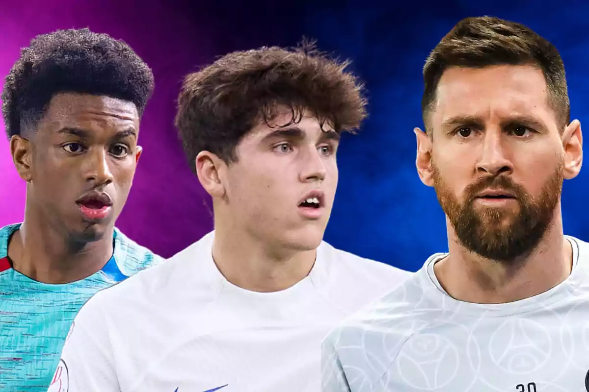 Three soccer players with serious expressions and a purple and blue background.