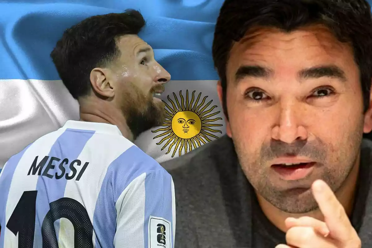 Un jugador de fútbol con la camiseta de Argentina y otra persona en primer plano con la bandera argentina de fondo.