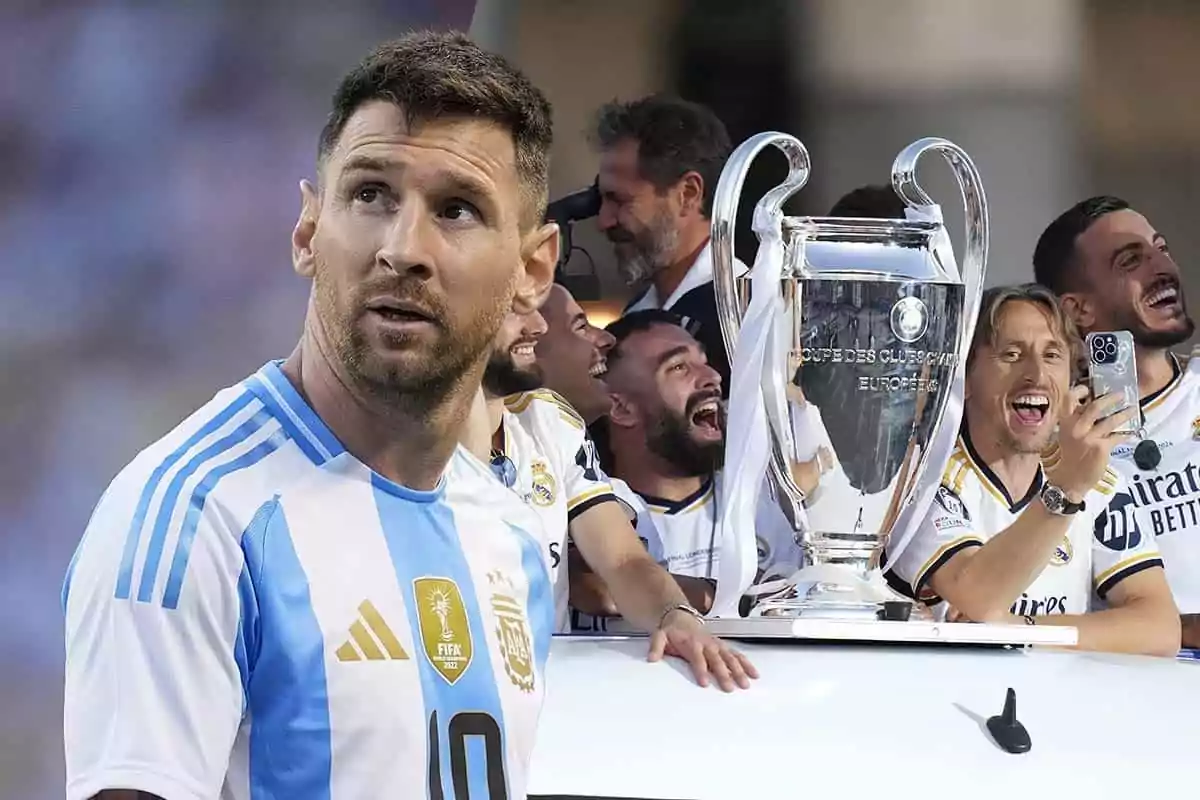 Messi mirando a un lado, detrás el Madrid celebrando la Champions