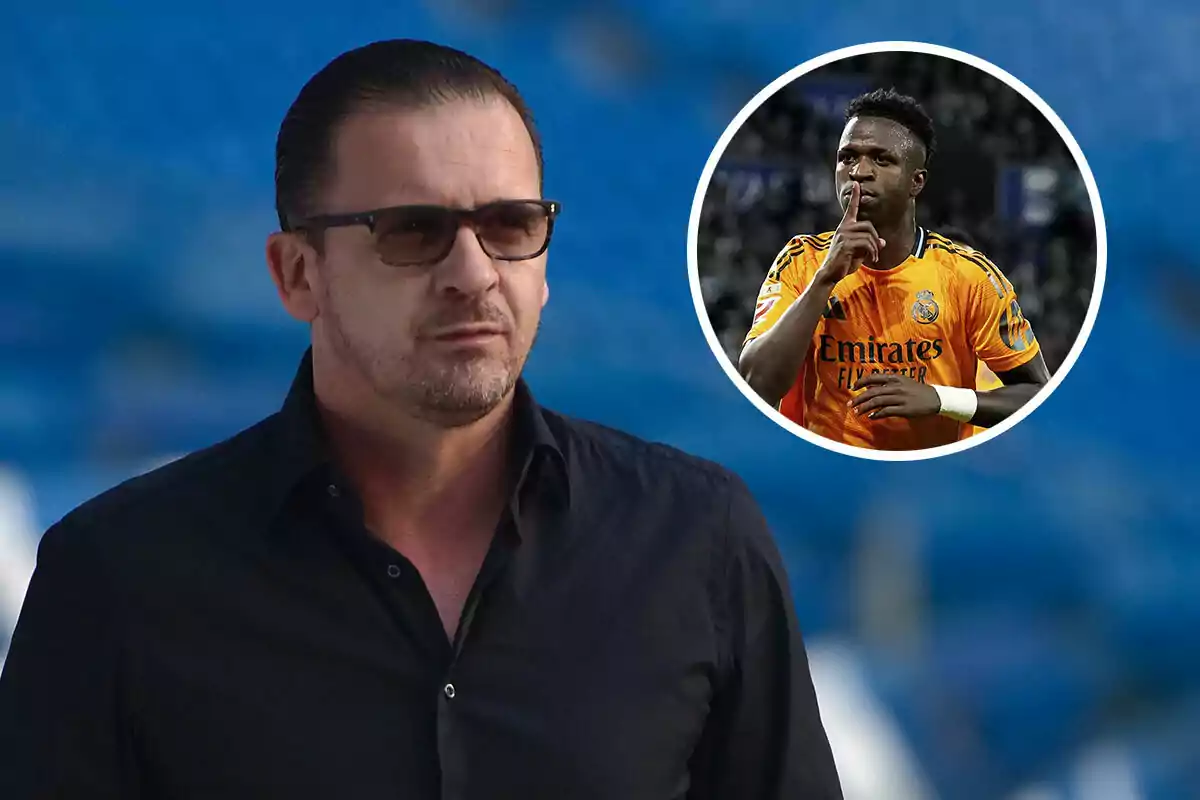 Mijatovic con gafas de sol y camisa negra, con una imagen insertada de Vinicius en uniforme naranja haciendo un gesto de silencio.