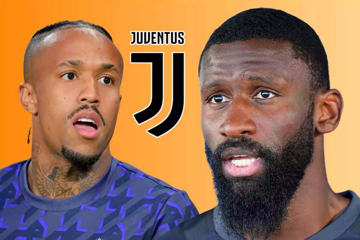 Dos jugadores de fútbol con el logo de la Juventus sobre un fondo naranja.