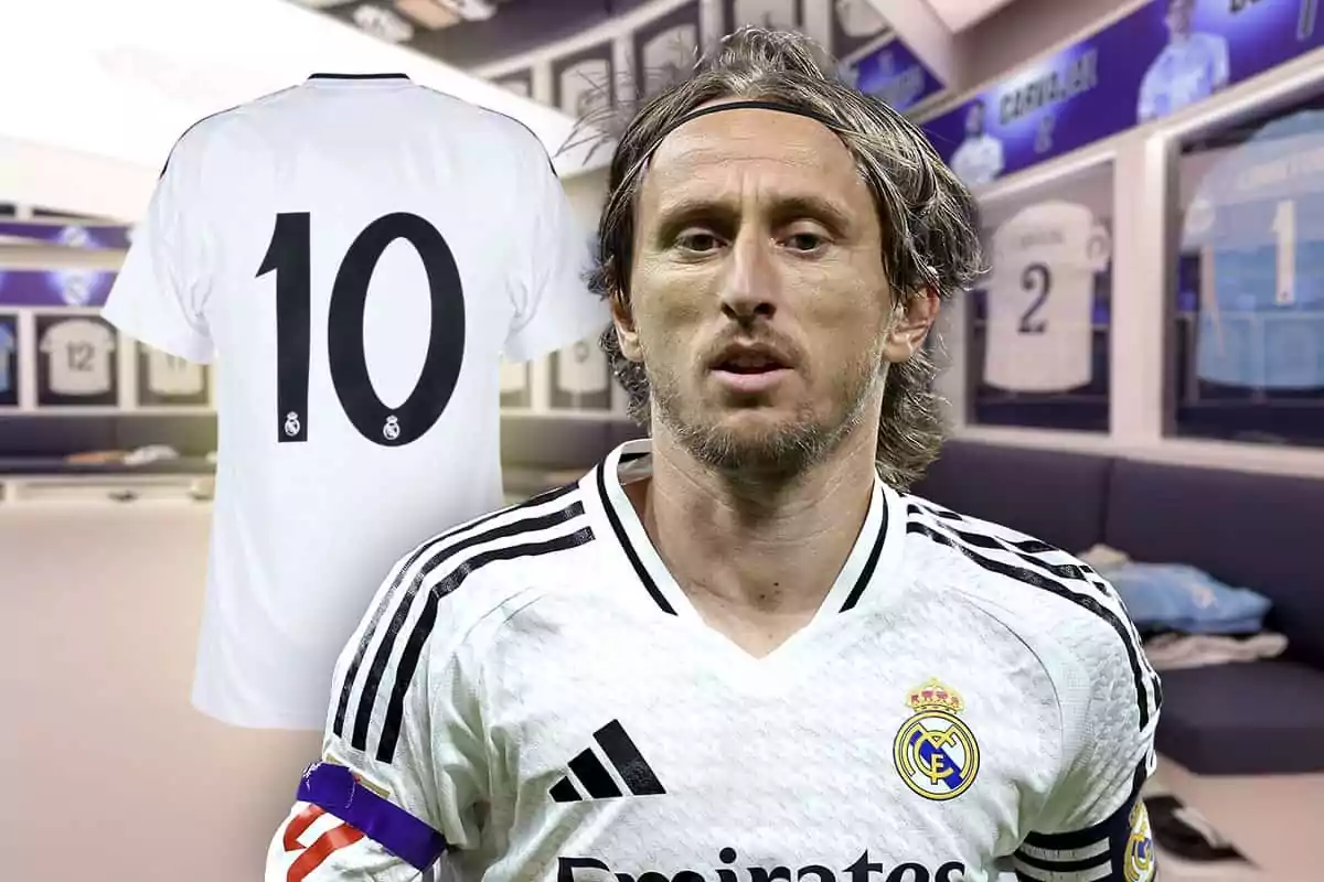 A player with a Real Madrid jersey in a locker room, with a number 10 jersey in the background.
