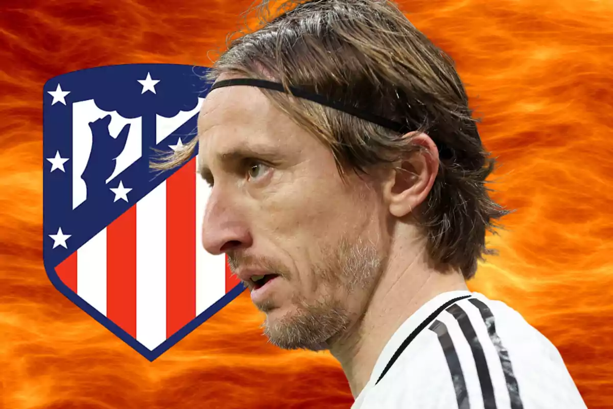 A player with a headband appears in the foreground with the Atlético de Madrid crest and a background of flames.