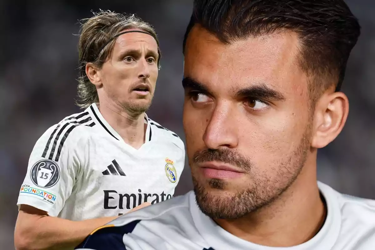 Dos jugadores de fútbol con camisetas del Real Madrid en un montaje fotográfico.