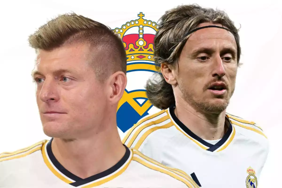 Kroos y Modric con el escudo del Real Madrid detrás