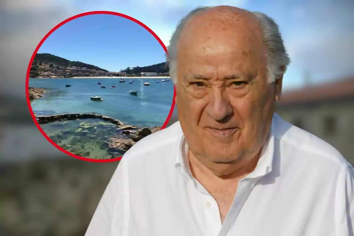 Un hombre mayor con camisa blanca aparece en primer plano mientras que en el fondo se ve una imagen circular de un paisaje costero con barcos en el agua.