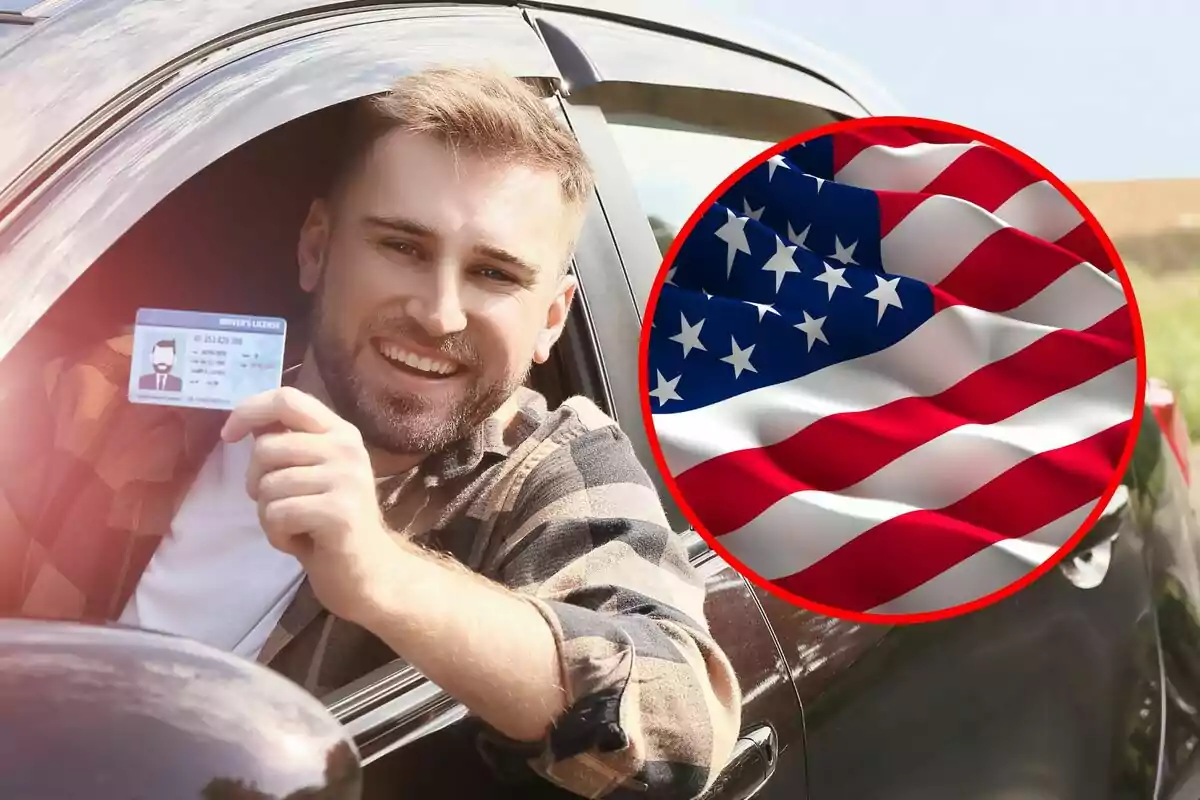Hombre sonriente dentro de un auto mostrando una licencia de conducir con un círculo que contiene la bandera de Estados Unidos Hombre sonriente dentro de un auto mostrando una licencia de conducir con un círculo que contiene la bandera de Estados Unidos
