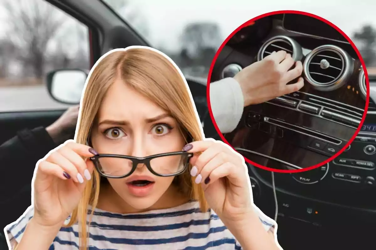 Una mujer con expresión de sorpresa ajusta sus gafas mientras una mano ajusta el control del aire acondicionado en un automóvil.