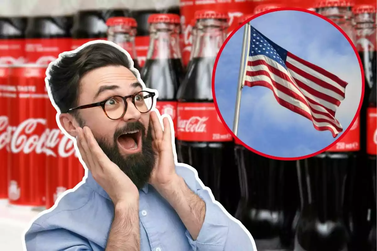 Un hombre con barba y gafas muestra una expresión de sorpresa frente a botellas de Coca-Cola con una bandera de Estados Unidos en un círculo superpuesto.
