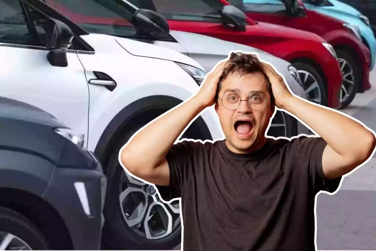 Several vehicles in a row, and a man with his hands on his head Several vehicles in a row, and a man with his hands on his head