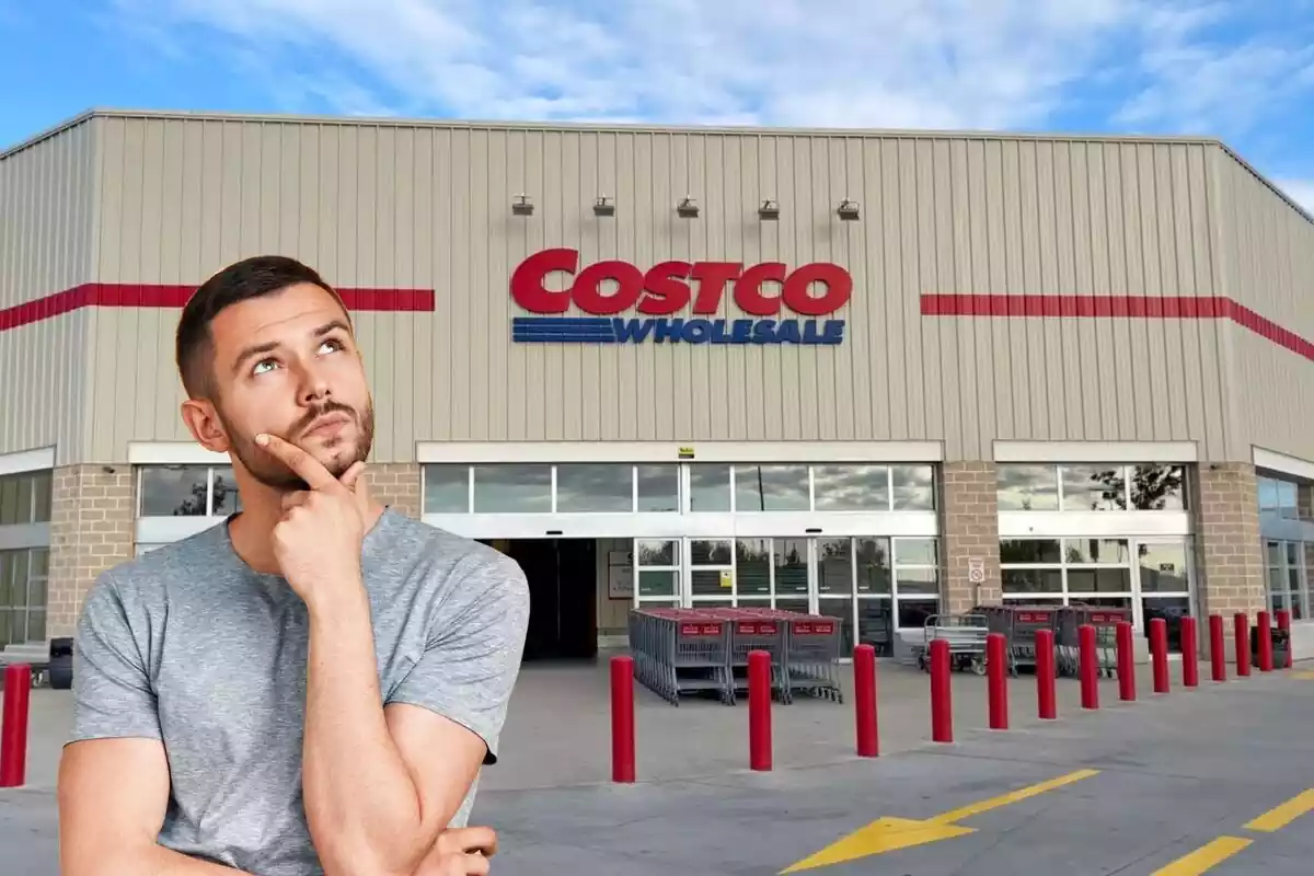 Montage of a Costco supermarket and a thoughtful man