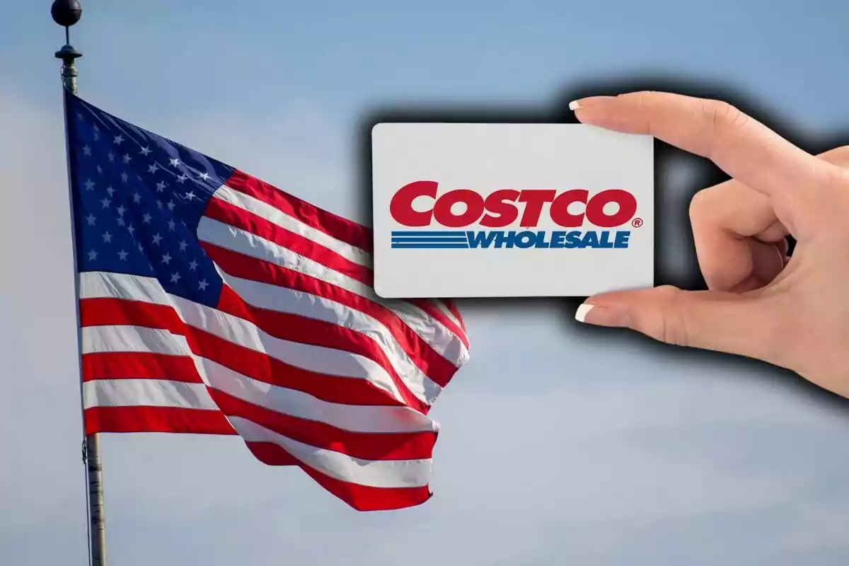 Photo montage of a hand holding a Costco membership card in front of a United States flag waving in the wind.