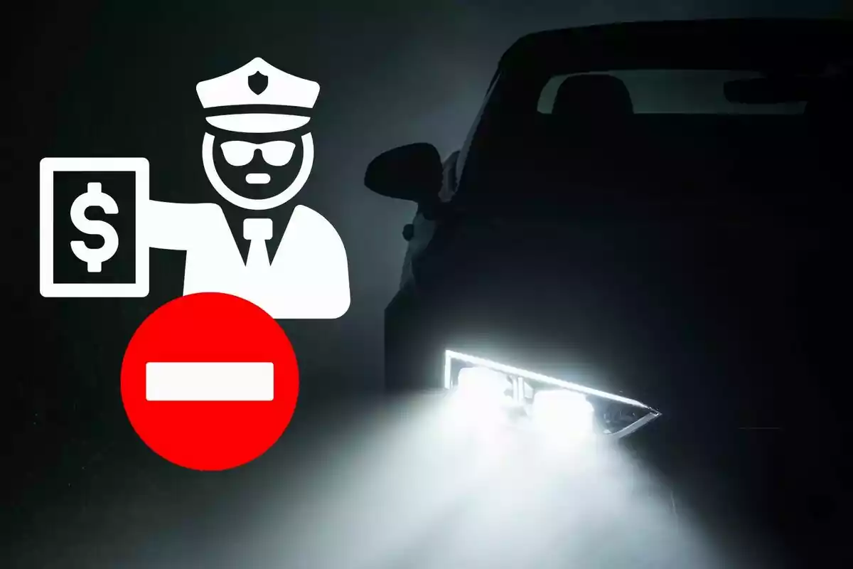 Un coche con un faro LED encendido de noche junto a un ícono de policía con multa y señal de prohibido.