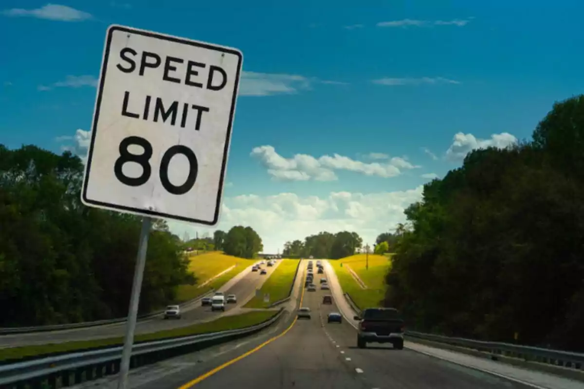 Letrero de límite de velocidad de 80 en una autopista rodeada de árboles y cielo azul con nubes. Letrero de límite de velocidad de 80 en una autopista rodeada de árboles y cielo azul con nubes.