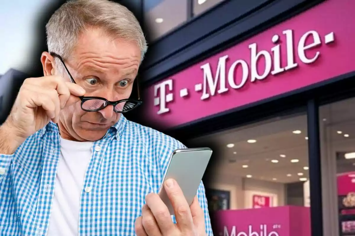 Older man with a surprised expression looking at his cellphone in front of a T-Mobile store. Older man with a surprised expression looking at his cellphone in front of a T-Mobile store.