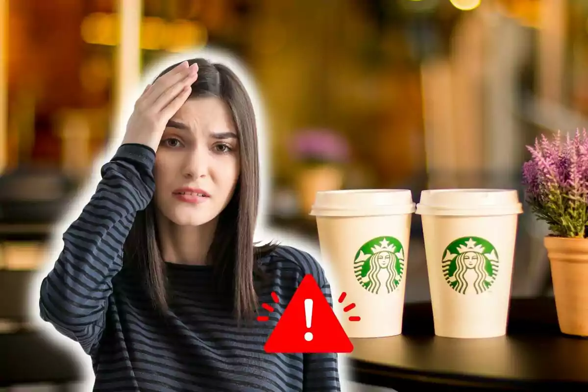 Una mujer con expresión preocupada se toca la frente mientras dos vasos de café de Starbucks están sobre una mesa junto a una planta en maceta, con un ícono de advertencia en primer plano. Una mujer con expresión preocupada se toca la frente mientras dos vasos de café de Starbucks están sobre una mesa junto a una planta en maceta, con un ícono de advertencia en primer plano.